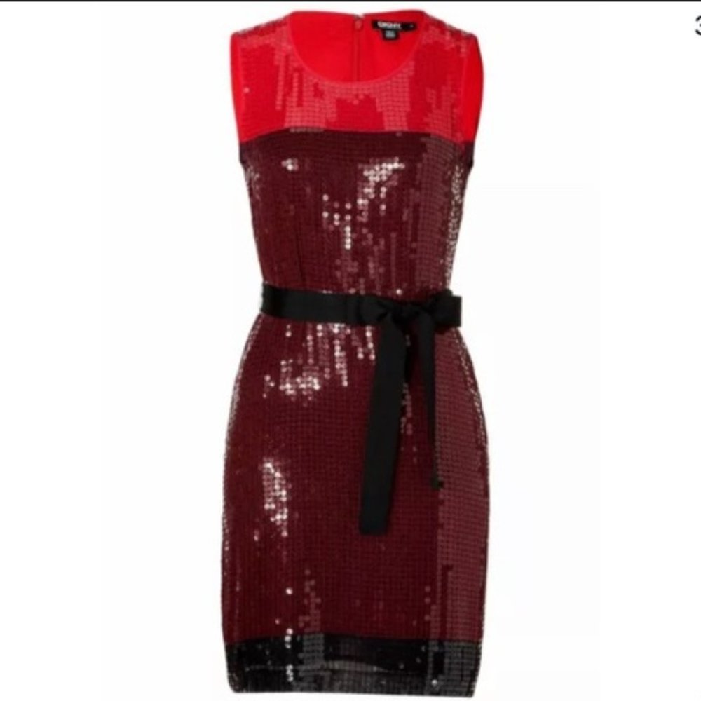 NWT $345 DKNY Sleeveless Red Lacquer Color Block Stretch Sequin Sheath Dress